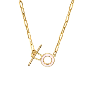 Women's gold stainless steel box chain necklace with shell ring and OT buckle toggle