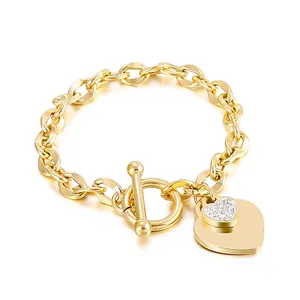 Stainless Steel Heart Charm Bracelet For Women With Layered Heart Pendants And Rhinestone Inlay Toggle Clasp Link Chain