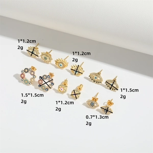 Bohemian gold Evil Eye stud earring set with colorful crystals and enamel details