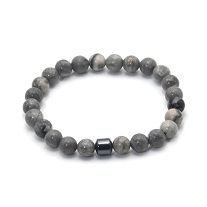 Detailed macro view of 8mm grey picture jasper stone beads and black magnetic cylinder spacer