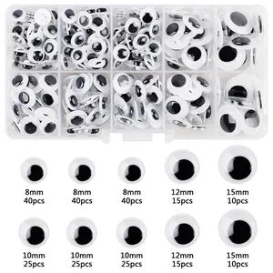 Detailed size guide for 245-piece wiggle eyes set in a clear plastic storage container