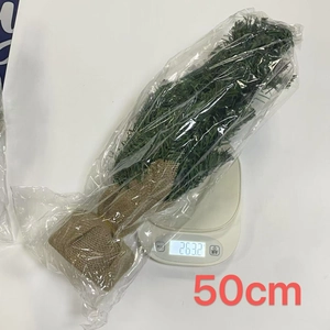 Detailed view of a 50cm mini artificial Christmas tree with burlap base on a scale