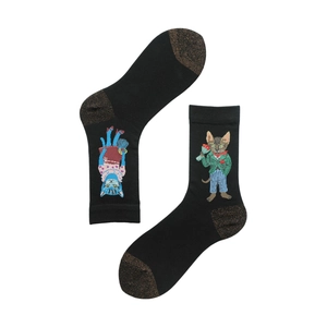 Black cotton socks with embroidered fairy tale cats and sparkling gold toe and heel