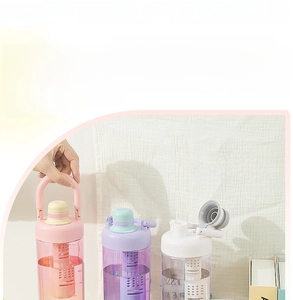 Detail of gradient plastic tea bottle with portable handle and tea infuser compartment