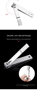 Detail of 360-degree rotating head and anti-slip handle on stainless steel nail clipper