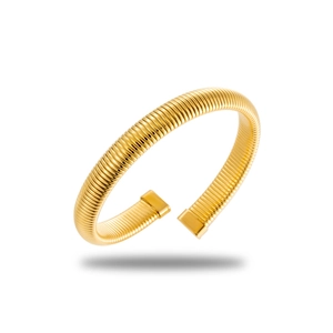 Minimalist gold stainless steel tubogas spring open bangle on a white background