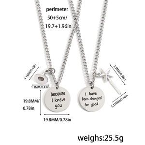 Detailed size specifications of stainless steel witch-themed friendship necklaces