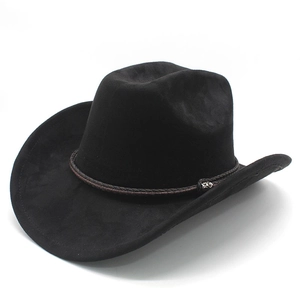 Classic black faux suede cowboy hat with brown braided leather band and silver buckle