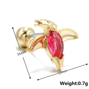Macro view of gold stainless steel dolphin stud earring with pink zircon and screw ball back
