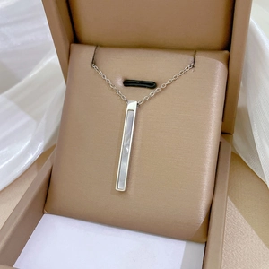 Minimalist titanium steel necklace with rectangular mother-of-pearl pendant in jewelry box
