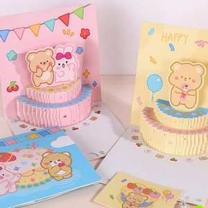 3D Pop Up Birthday Greeting Card Cute Cartoon Bear Rabbit Cake Design Foldable Blessing Message Card For Kids Friends