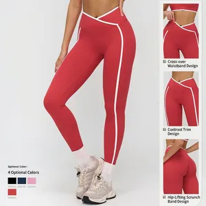 Pantaloni da yoga rossi con vita a incrocio, strisce laterali bianche e push-up