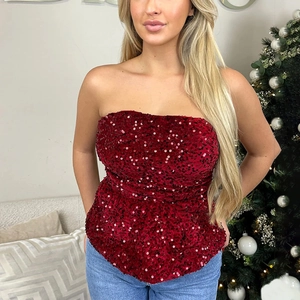 Women's sexy red sequin tube top with zipper back for holiday parties and festive events