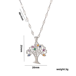 Colorful Tree of Life necklace with micro-pave zircons and 45cm chain, silver finish