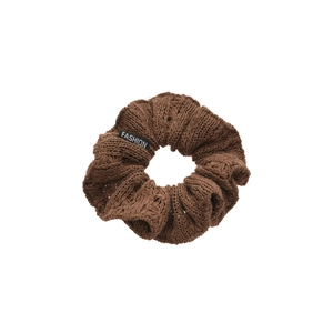 Brown knitted scrunchie with hollow texture and fashion label on a white background