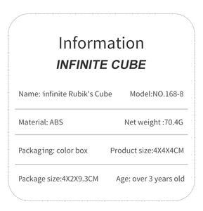 Detailed technical specifications and product dimensions for the ABS infinity cube toy