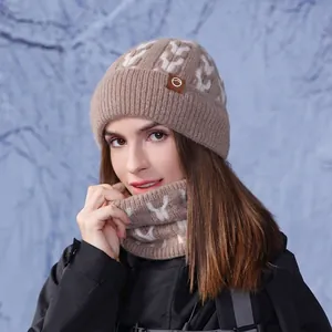 Winter knit beanie and neck warmer set with V-shaped patterns and fleece lining