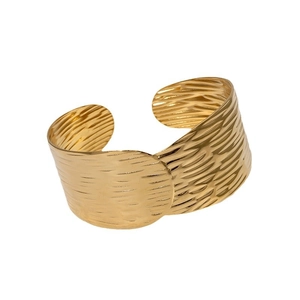 French retro style wide gold-plated stainless steel cuff with hammered wavy texture