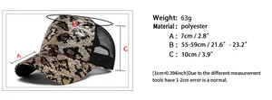 Size chart showing baseball cap dimensions with leopard sequins and breathable mesh