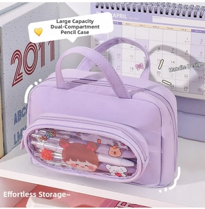 Large lavender pencil case with double compartments, clear PVC window and sturdy handle