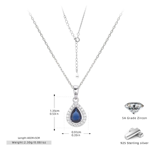 Detail view showing 925 sterling silver S925 hallmark and blue zircon pendant dimensions