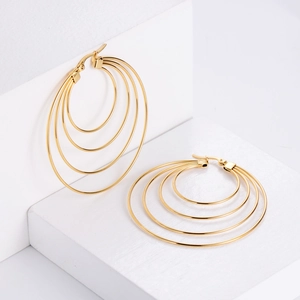 Exaggerated gold multi-layer concentric circle earrings in polished stainless steel