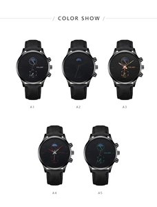 Five styles of Yolako men's quartz watches featuring black leather straps and colorful dials