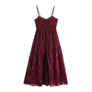 Detailed back view of dark red lace maxi dress featuring floral embroidery and zipper