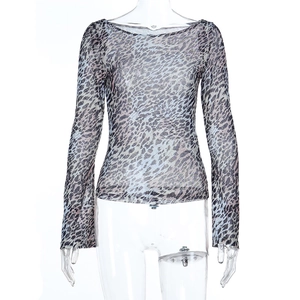 Close-up of semi-transparent leopard print mesh fabric on long sleeve fitted t-shirt