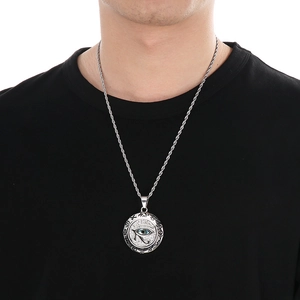 Collier Oeil d'Horus vintage en argent avec pendentif zircon bleu pour homme en acier