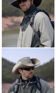 Outdoor sun hat with wide brim, breathable mesh panels and adjustable wind cord detail