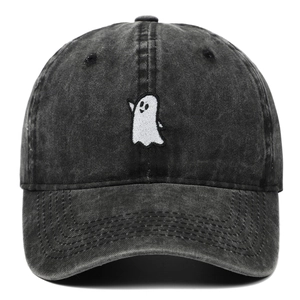 Distressed charcoal grey washed cotton baseball cap with white ghost embroidery