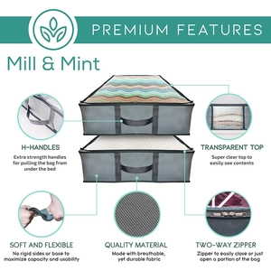 Underbed non-woven storage bag with clear window, reinforced handles and two-way zippers