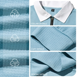 Detailed views of the collar, cuffs, and waffle knit texture on this blue polo shirt