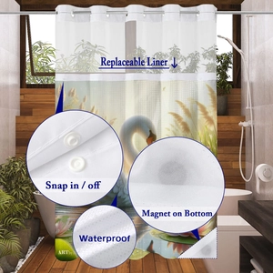 Detail of waterproof swan shower curtain with snap-in liner and magnetic weighted bottom