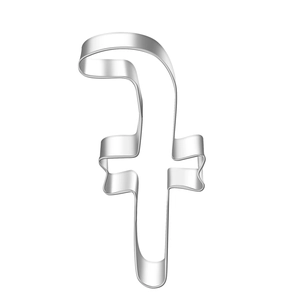 Macro shot of silver stainless steel cookie cutter in lowercase letter f shape