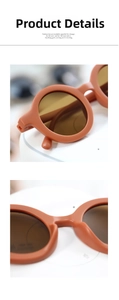 Detail view of round matte caramel sunglasses with integrated nose pads for kids