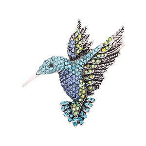 Exquisite hummingbird brooch with blue and green rhinestones on a silver base
