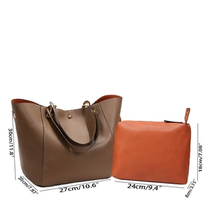 Detailed size specifications for brown tote and orange clutch handbag set in inches and cm