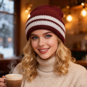 Close-up of a striped wool knit beanie in burgundy and cream for winter styling