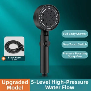 Matte black handheld shower head with 5 modes, one-click stop, and 1.5m hose set