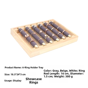 Detail view of 6-rod gray velvet ring display tray with premium wooden frame and dimensions