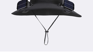 Detail view of solar dual-fan system on a wide-brim breathable outdoor fishing hat