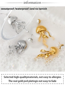 Macro detail of jellyfish earrings in gold and silver with pearls and water droplets
