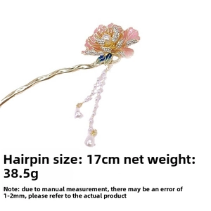 Detailed view of peony hair pin with pearls and tassels, measuring 17cm and 38.5g weight
