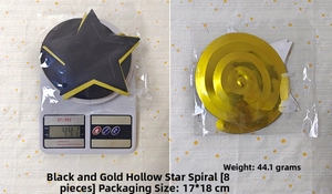 Detail of 8-pack black and gold star spiral hanging ornaments with packaging weight