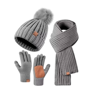 Winter 3-piece set with grey knit hat, scarf and touchscreen gloves for adults