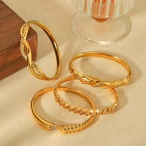 Titanium Steel 18K Gold Plated Rhinestone Bangle For Women Elegant Geometric Twisted Cross Wave Design Non-fading Jewelry