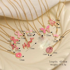Detailed view of pink enamel butterfly and hope pendants with necklace size measurements