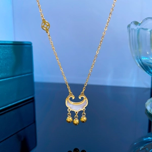 Macro detail of gold titanium steel necklace with white shell lock and coin charm